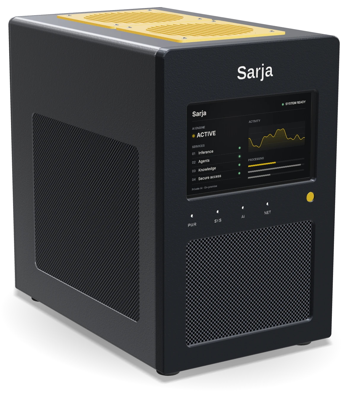 SarjaBox Mini concept: a compact dark metal AI appliance with a front status display, ventilated front panel and yellow fan guards